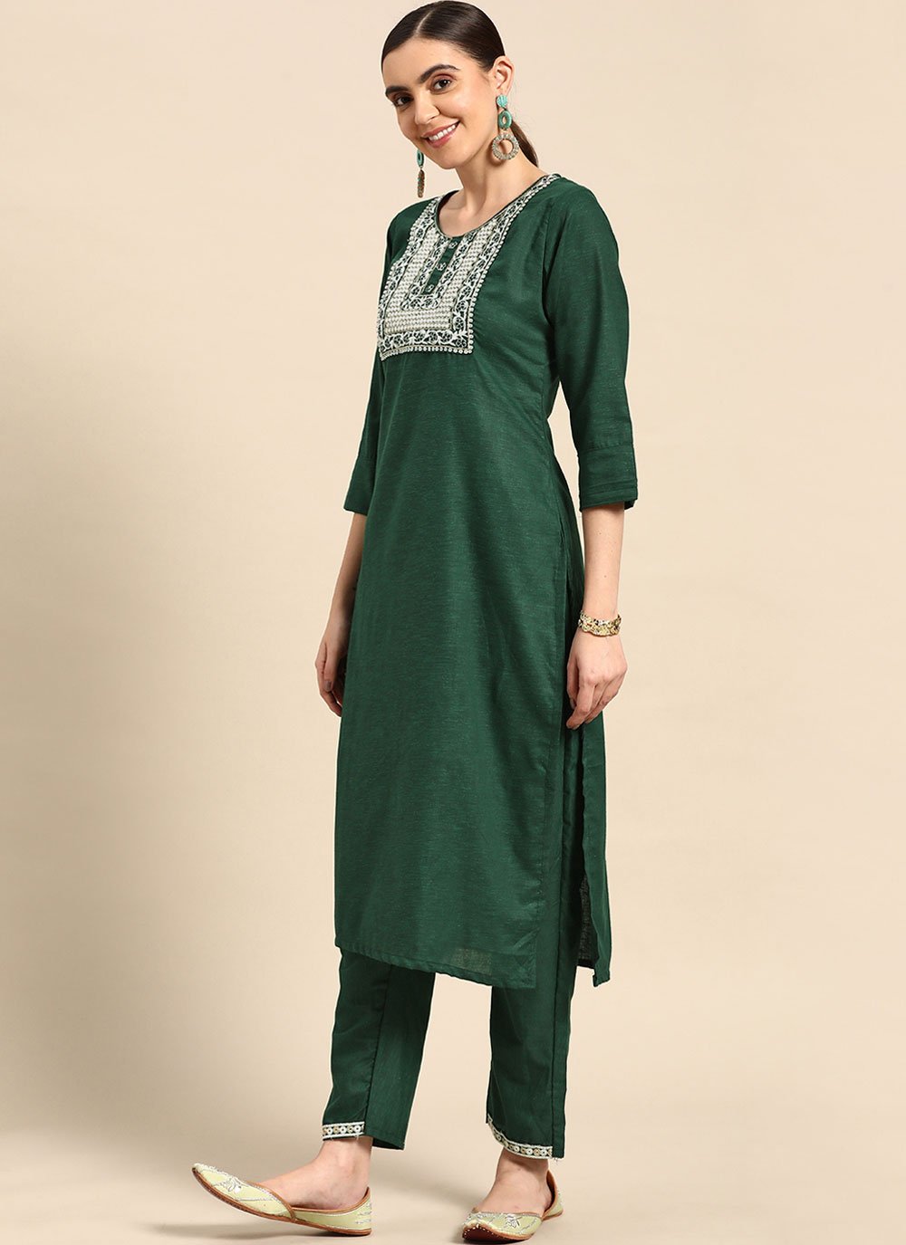 Floor Lenght Salwar Suit Poly Cotton Green Embroidered Salwar Kameez