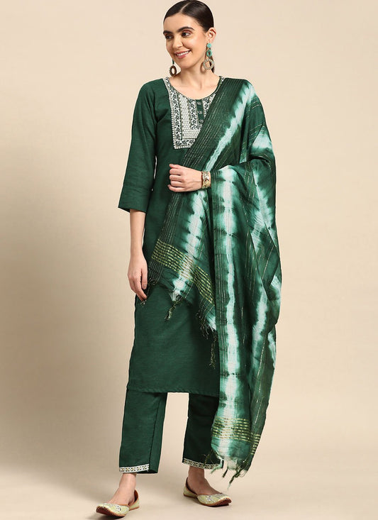 Floor Lenght Salwar Suit Poly Cotton Green Embroidered Salwar Kameez