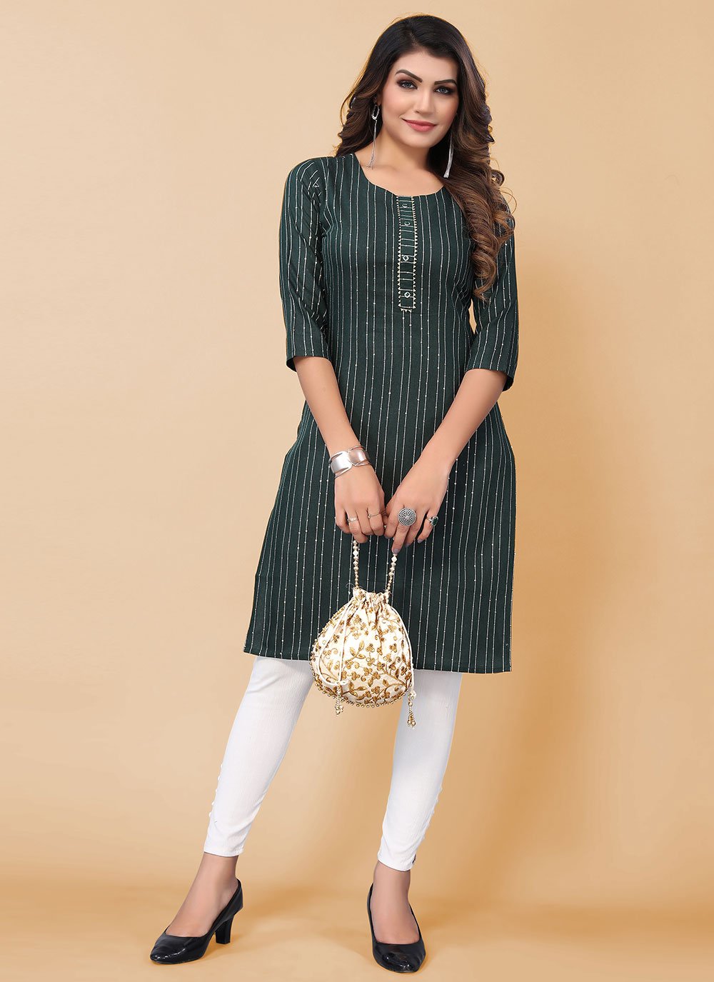 Casual Kurti Polyester Green Strips Print Kurtis