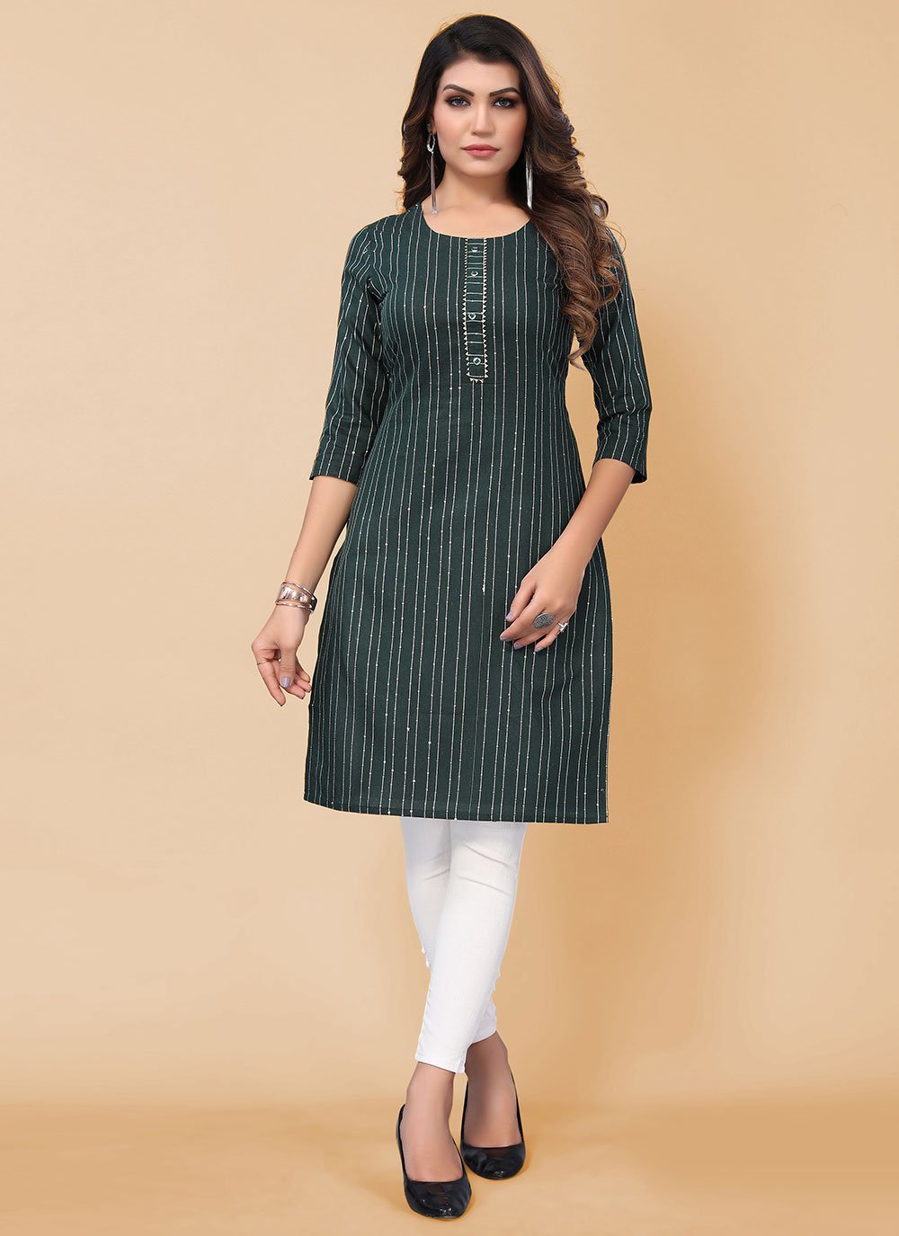 Casual Kurti Polyester Green Strips Print Kurtis