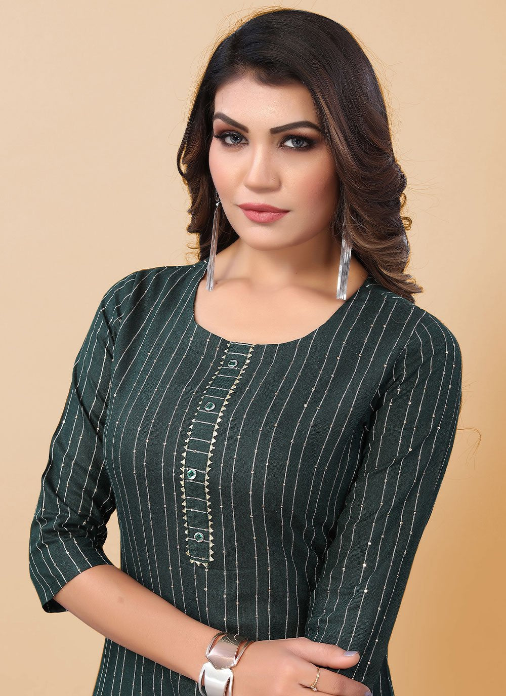 Casual Kurti Polyester Green Strips Print Kurtis