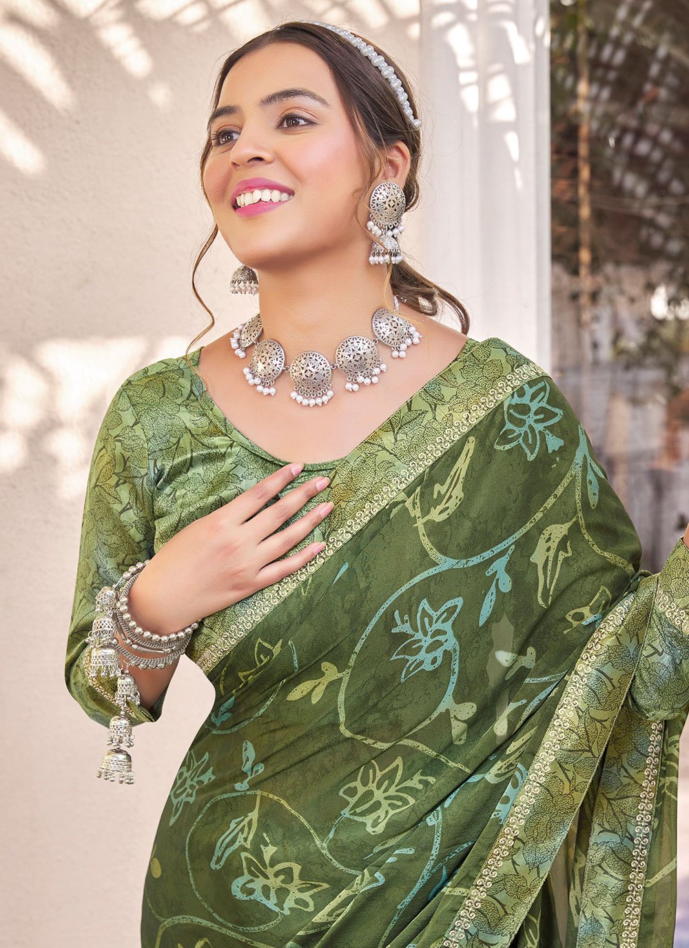 Classic Georgette Green Print Saree