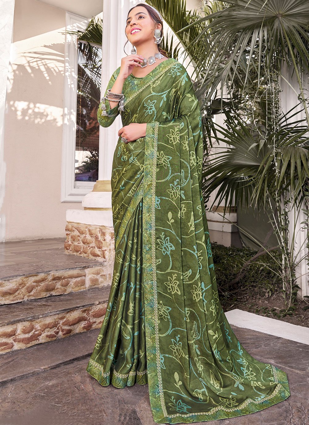 Classic Georgette Green Print Saree