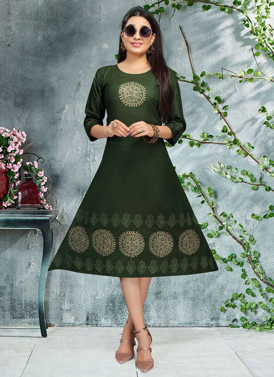 Designer Kurti Rayon Green Print Kurtis