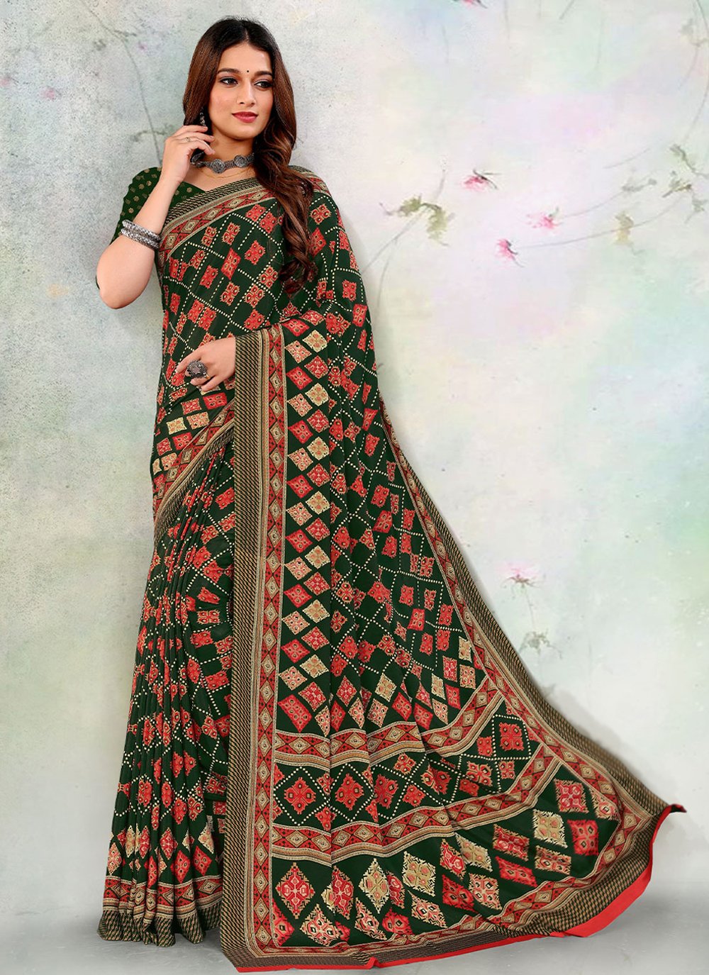 Casual Pure Crepe Green Print Saree