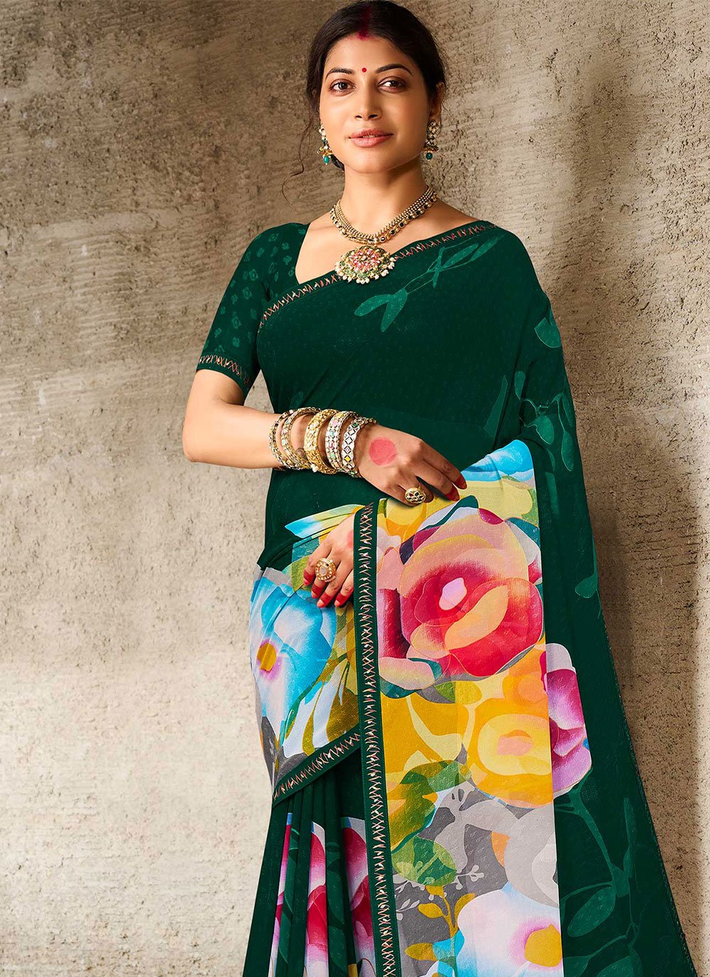 Contemporary Georgette Green Print Saree