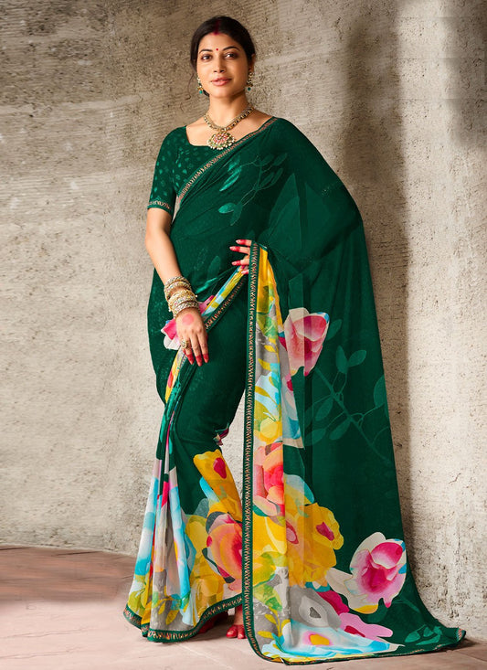 Contemporary Georgette Green Print Saree