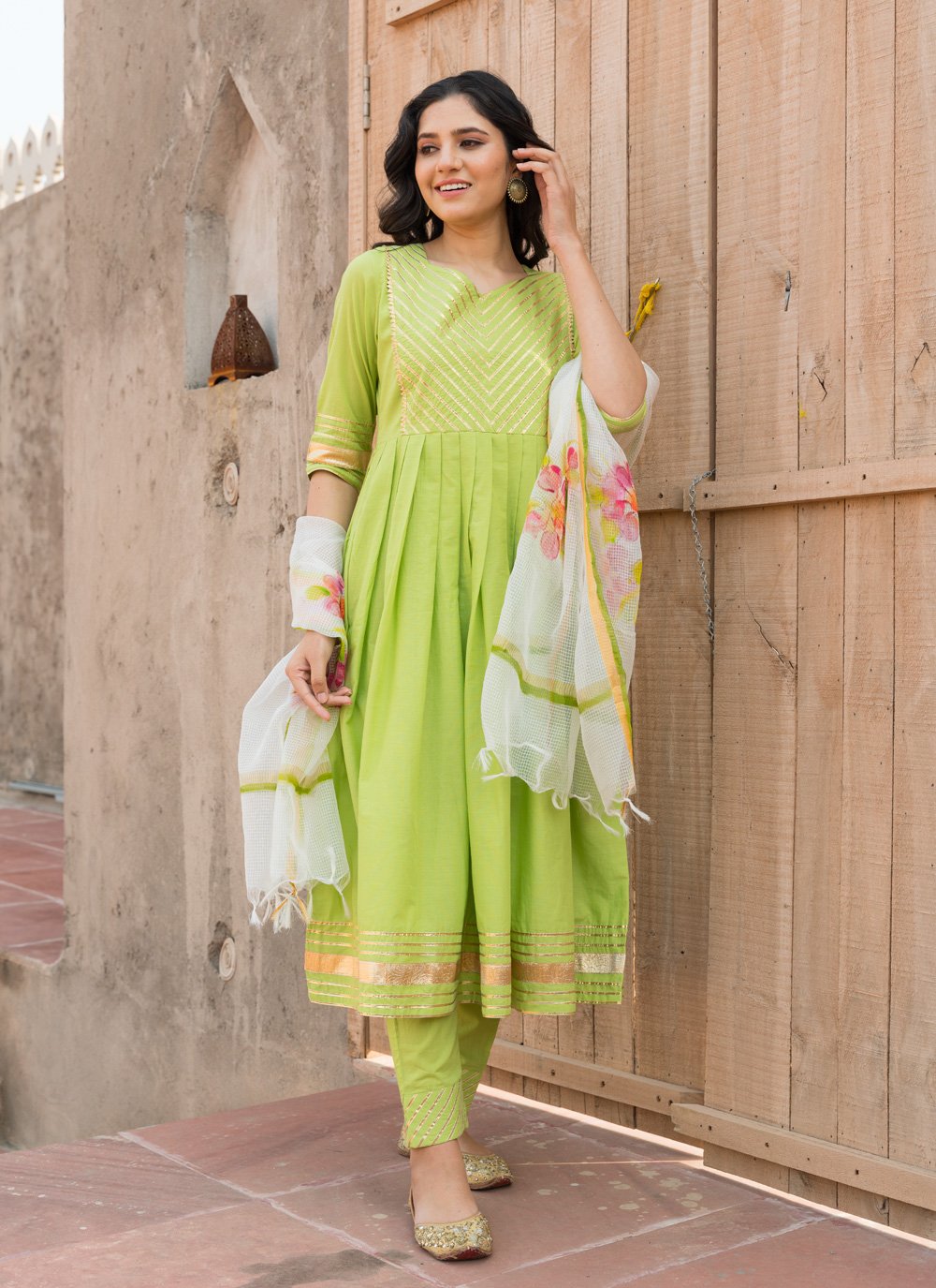 Pant Style Suit Cotton Green Lace Salwar Kameez