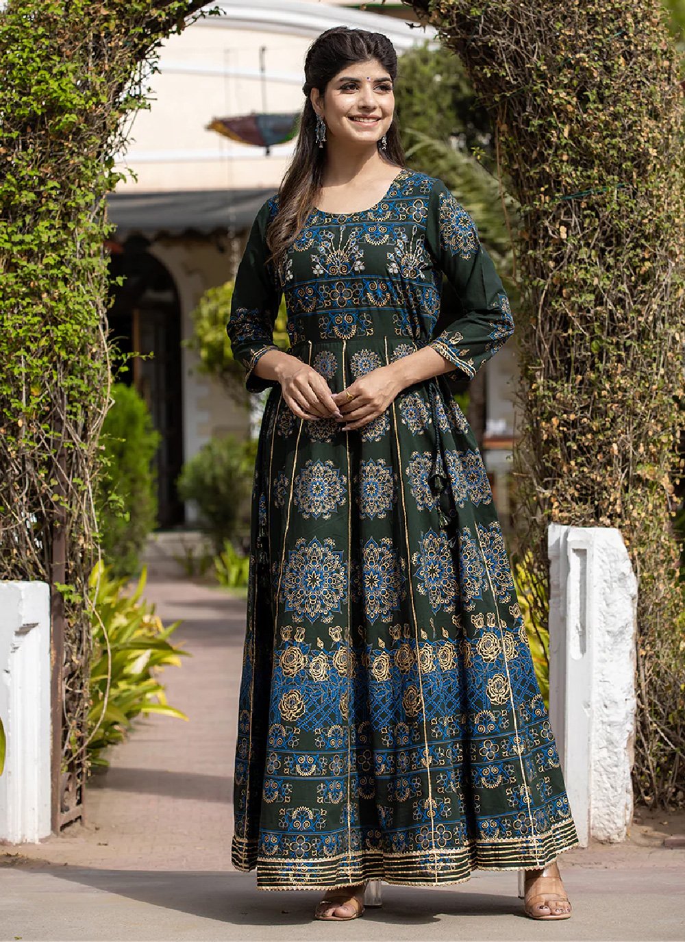 Gown Cotton Green Print Gown