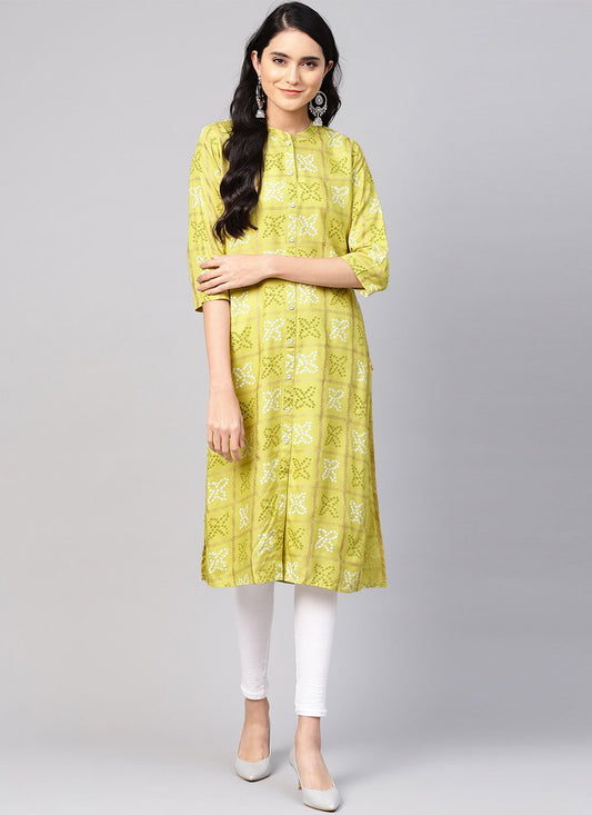 Designer Kurti Rayon Viscose Green Print Kurtis