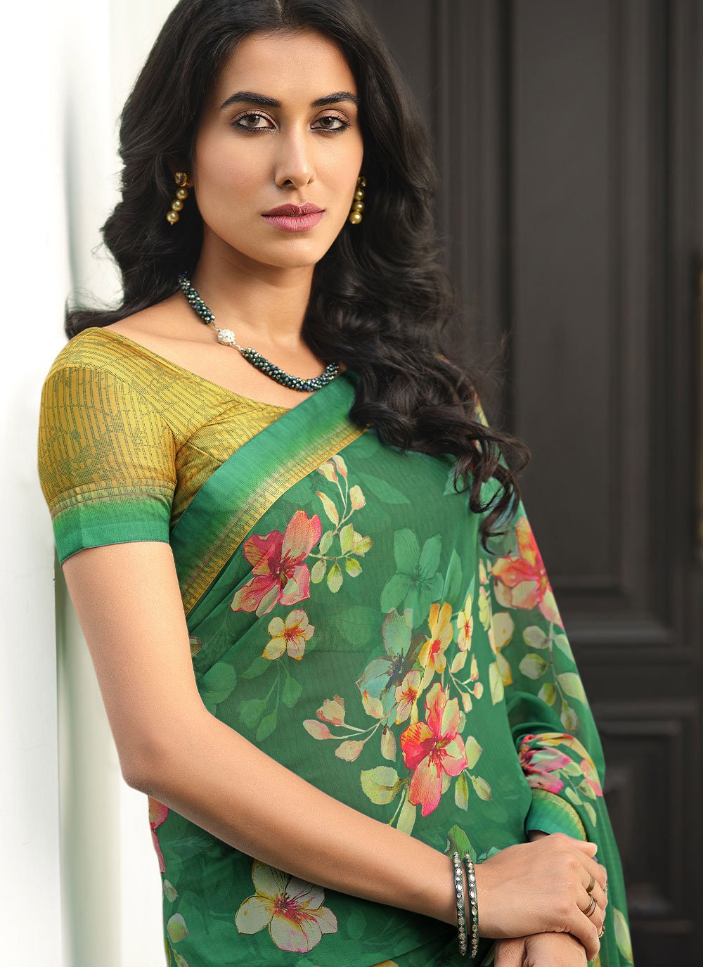 Designer Georgette Green Lace Saree