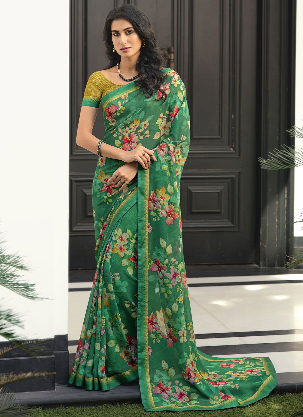 Designer Georgette Green Lace Saree