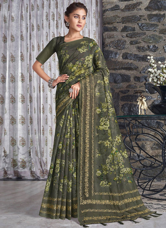 Traditional Saree Linen Green Embroidered Saree