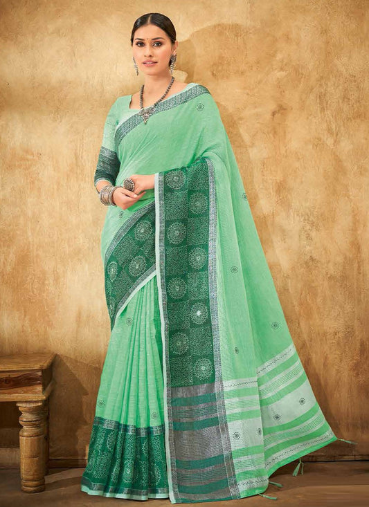 Trendy Saree Linen Green Print Saree