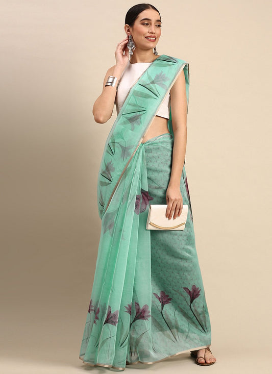 Casual Organza Green Print Saree