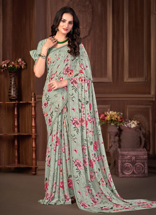 Classic Georgette Green Print Saree