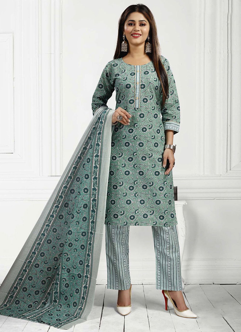 Pant Style Suit Cotton Green Print Salwar Kameez