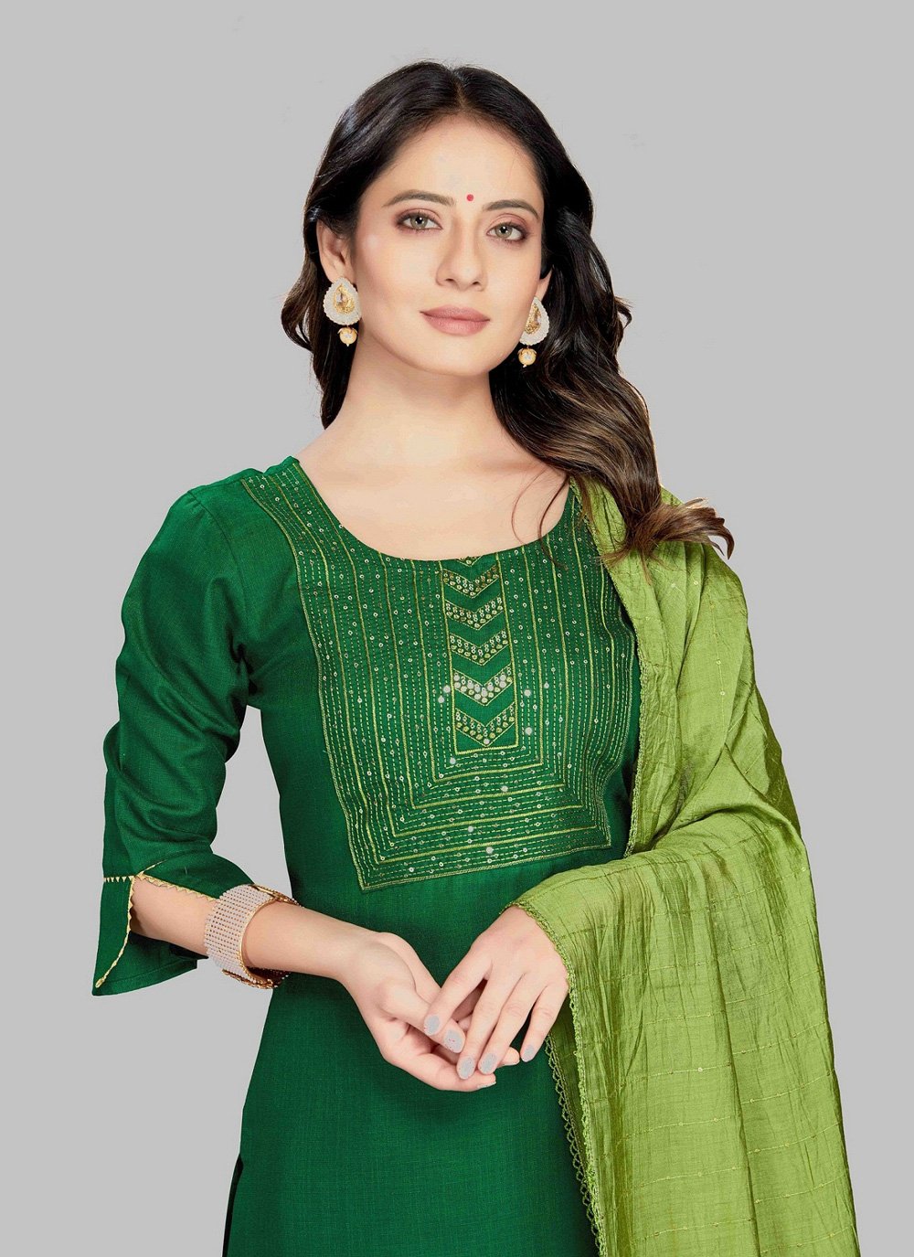 Pant Style Suit Blended Cotton Green Embroidered Salwar Kameez