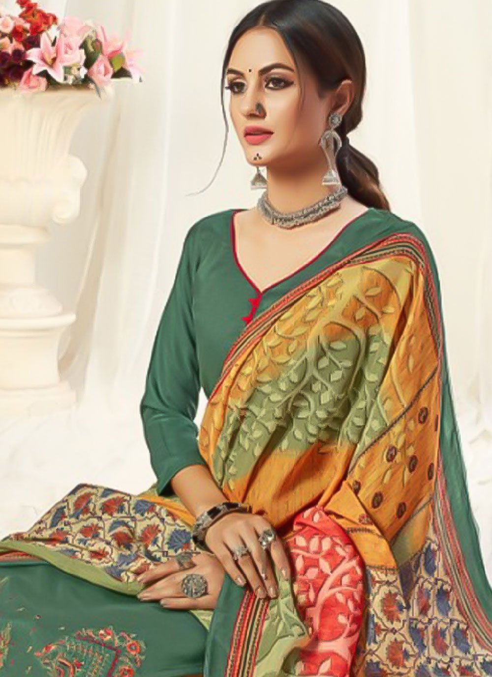 Salwar Suit Pashmina Green Embroidered Salwar Kameez