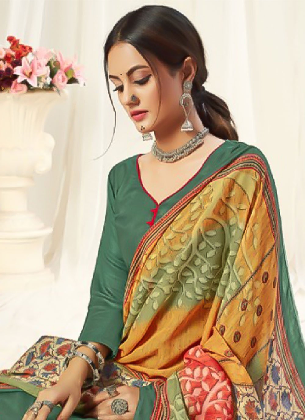 Salwar Suit Pashmina Green Embroidered Salwar Kameez