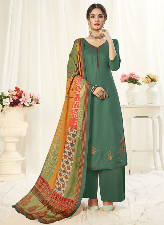 Salwar Suit Pashmina Green Embroidered Salwar Kameez