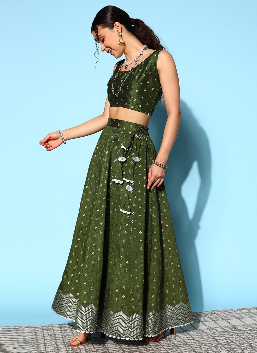 Readymade Lehenga Choli Poly Silk Green Print Lehenga Choli