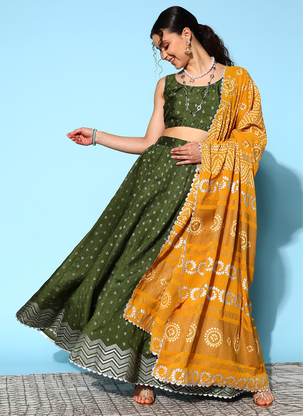 Readymade Lehenga Choli Poly Silk Green Print Lehenga Choli