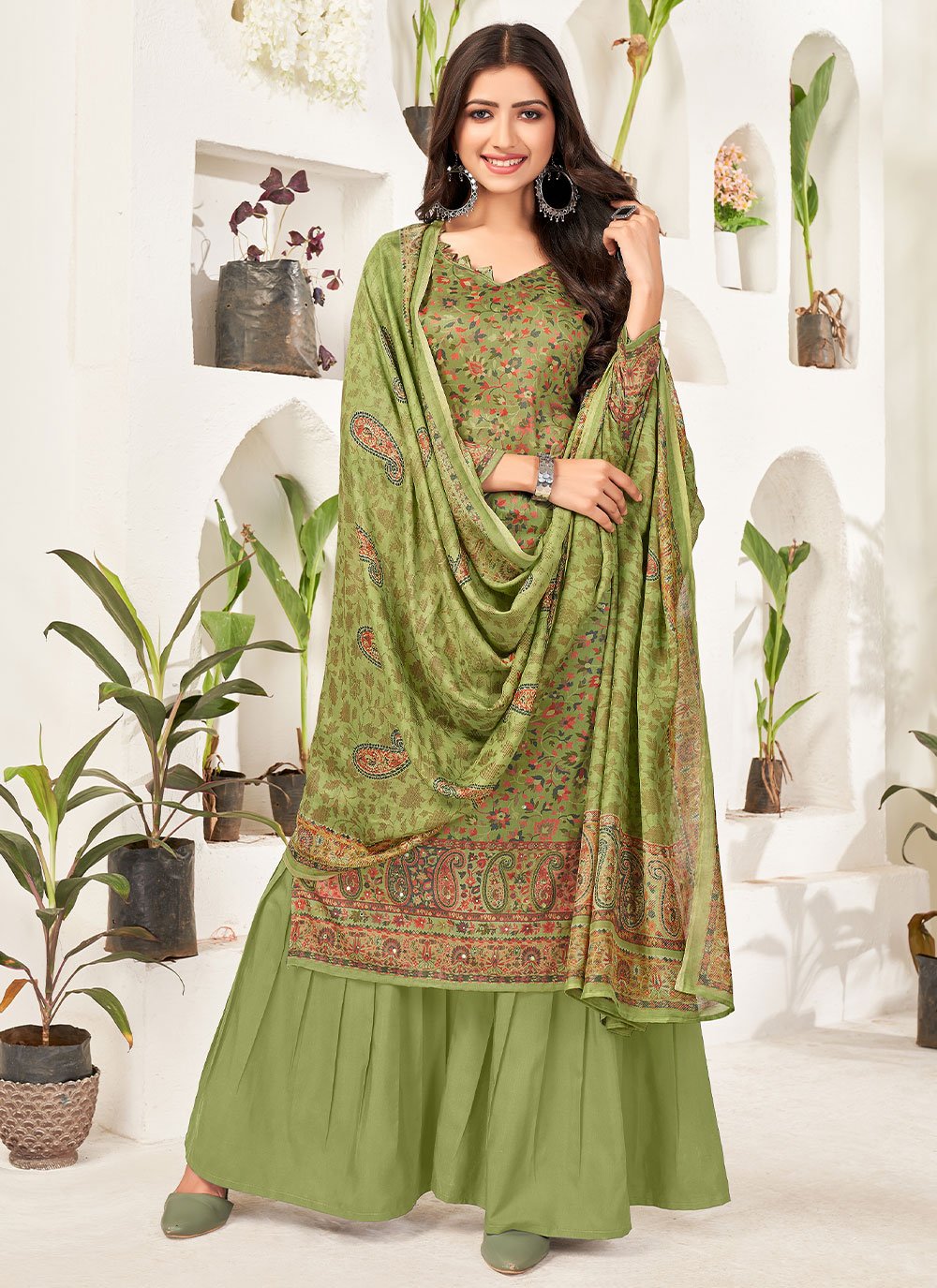 Straight Salwar Suit Cotton Green Mirror Salwar Kameez