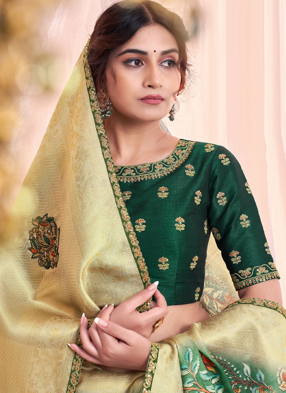 Contemporary Tissue Green Print Saree