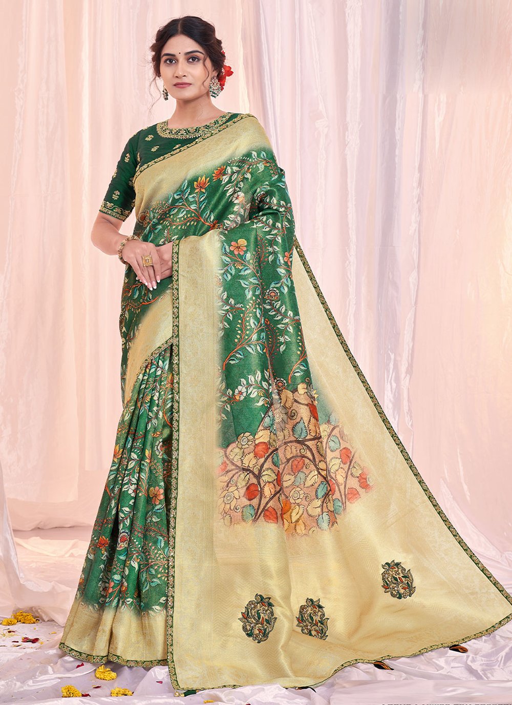 Contemporary Tissue Green Print Saree