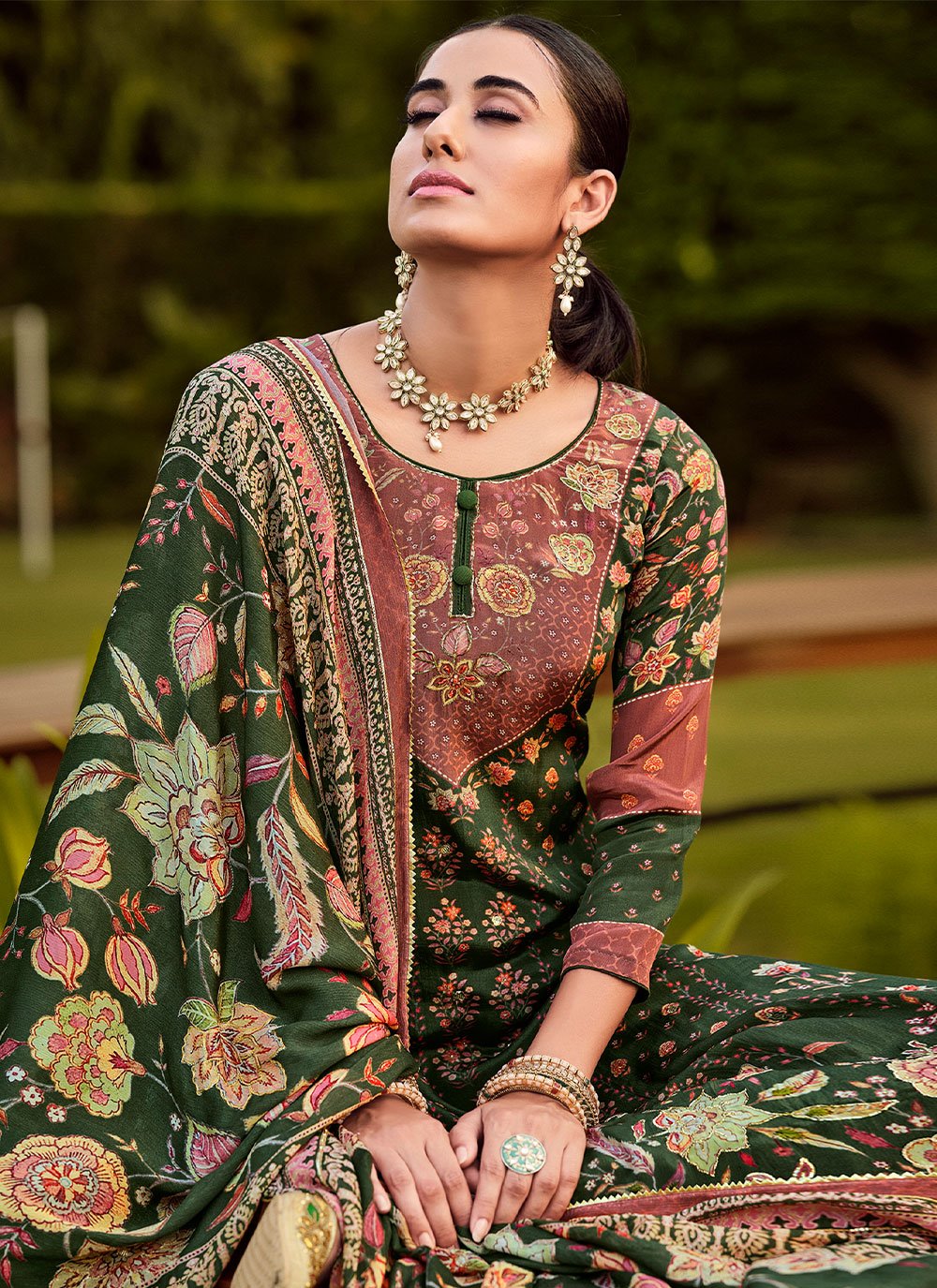 Palazzo Salwar Suit Pure Crepe Green Embroidered Salwar Kameez