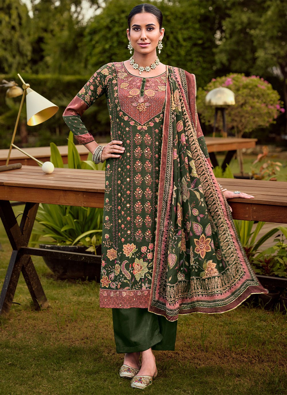 Palazzo Salwar Suit Pure Crepe Green Embroidered Salwar Kameez