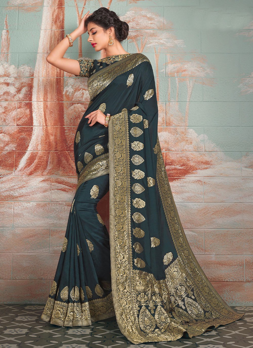 Trendy Saree Pure Dola Silk Green Embroidered Saree