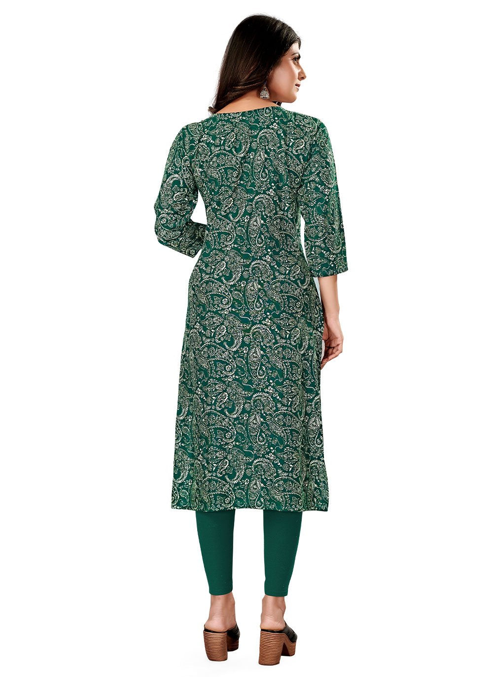 Party Wear Kurti Rayon Viscose Green Foil Print Kurtis