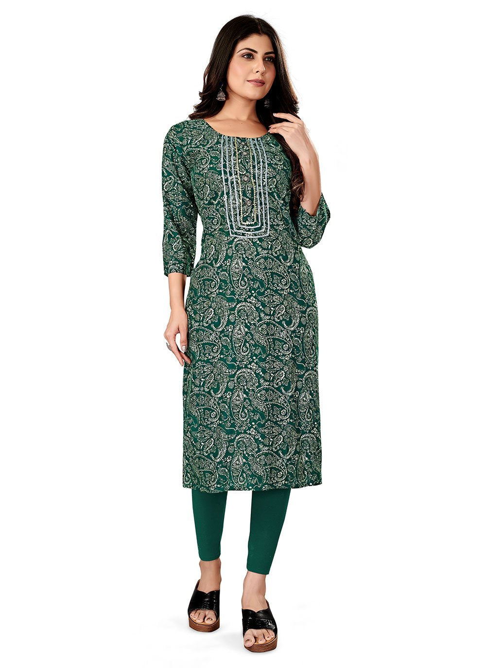 Party Wear Kurti Rayon Viscose Green Foil Print Kurtis