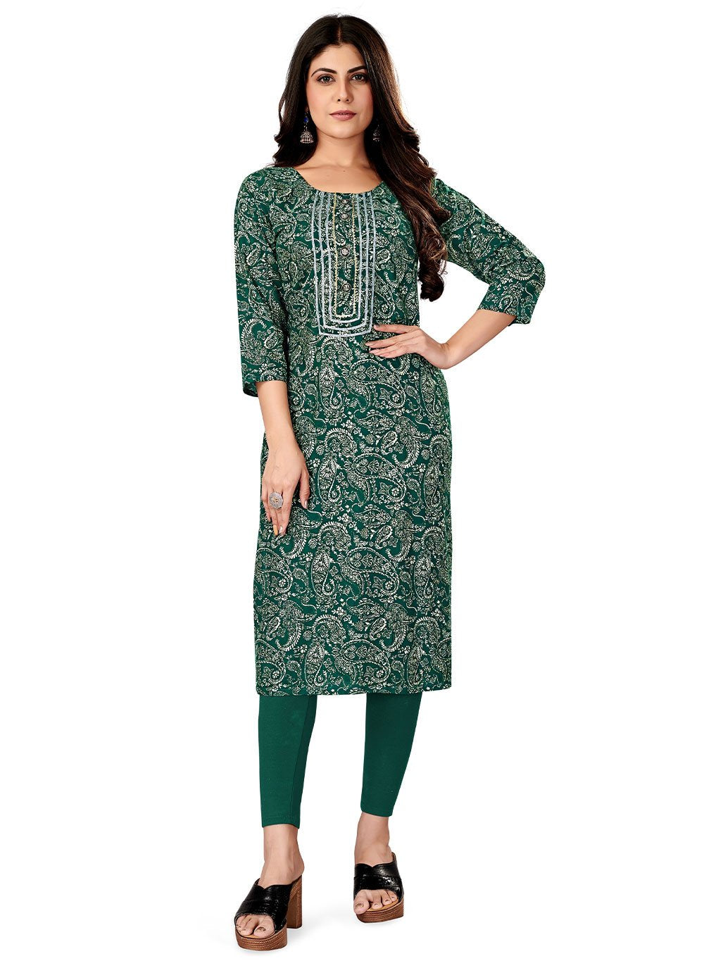 Party Wear Kurti Rayon Viscose Green Foil Print Kurtis