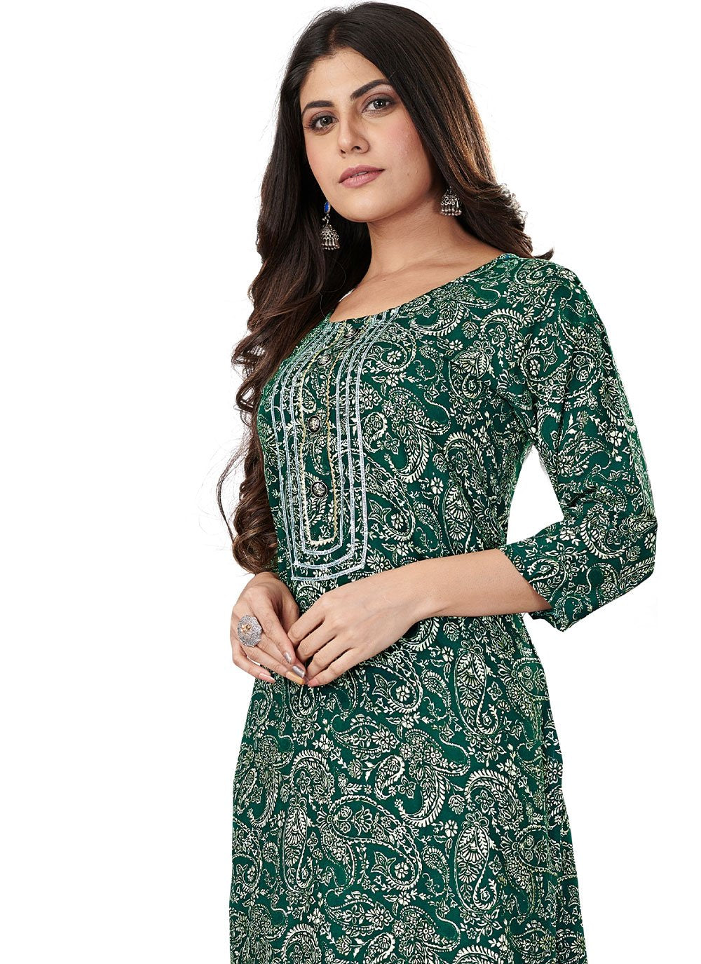 Party Wear Kurti Rayon Viscose Green Foil Print Kurtis