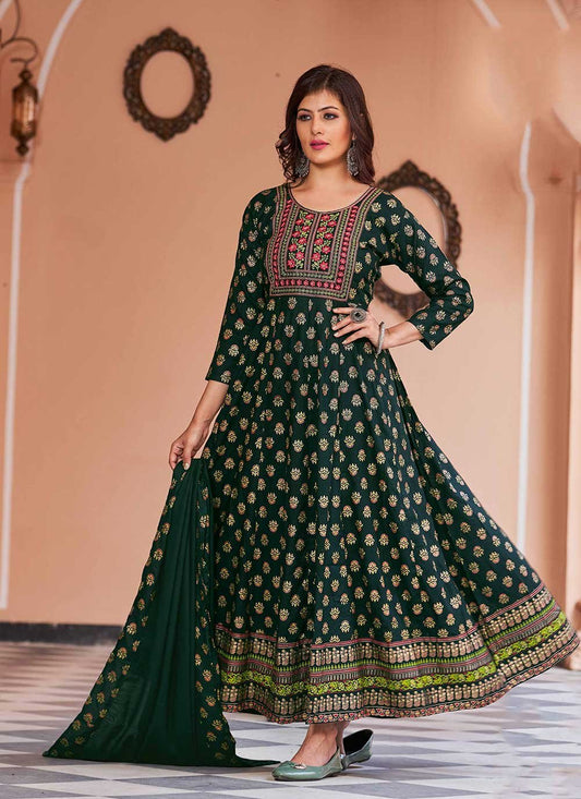 Gown Rayon Green Embroidered Gown