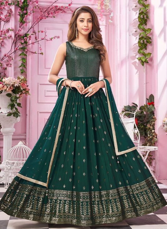 Salwar Suit Chinon Green Embroidered Salwar Kameez