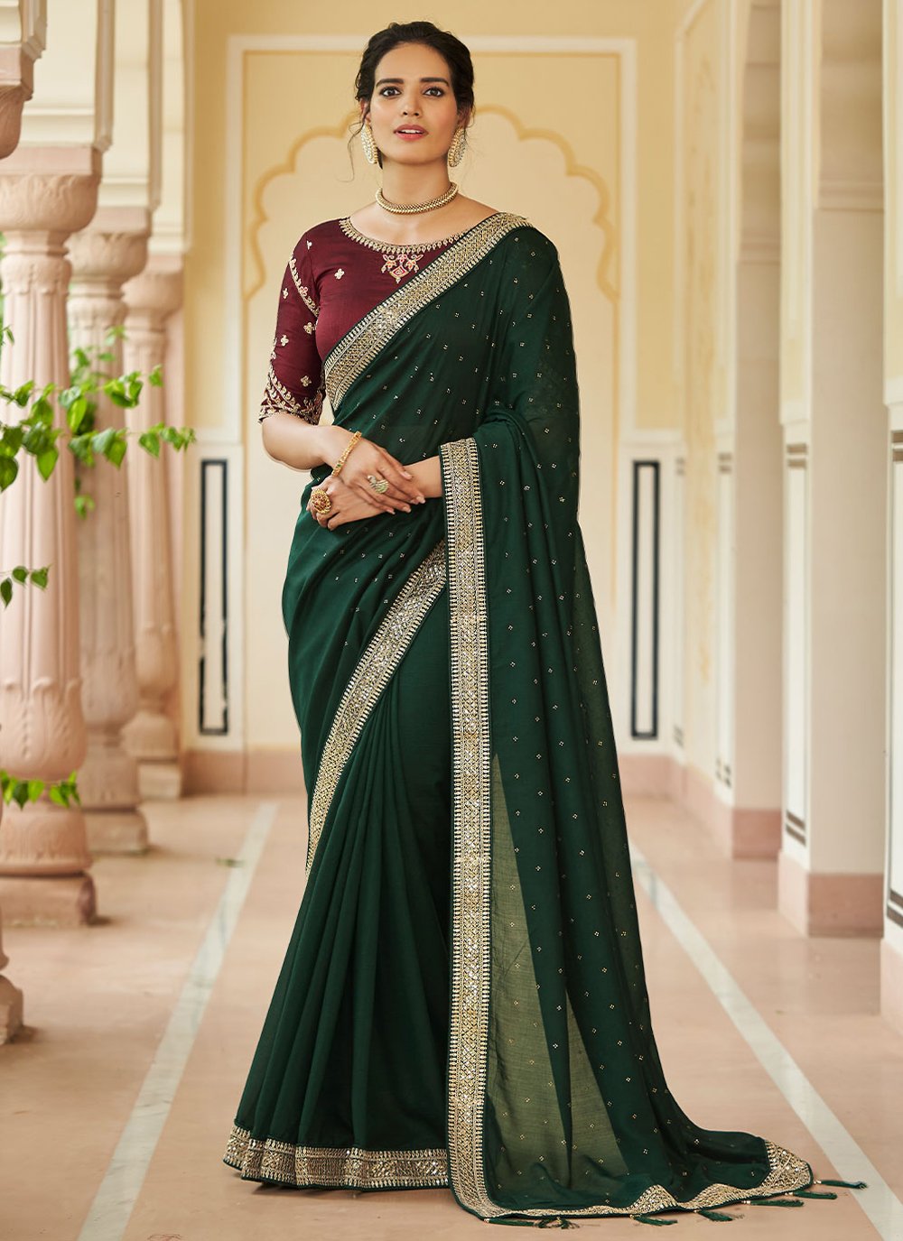 Classic Vichitra Silk Green Dori Work Saree