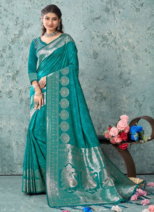 Traditional Saree Banarasi Silk Green Foil Print Saree