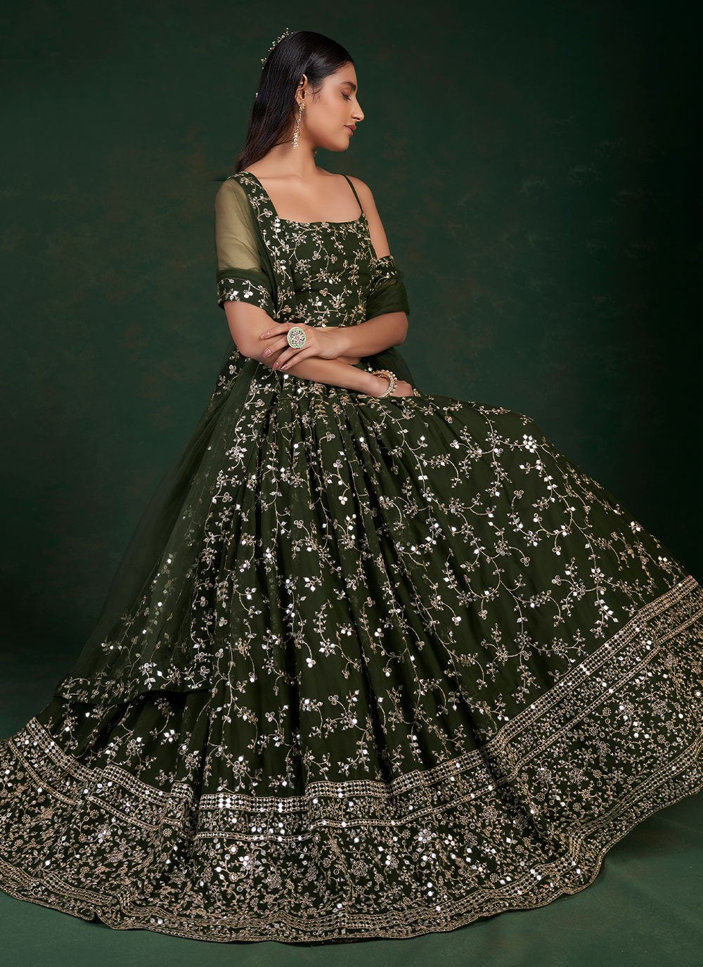 Lehenga Choli Georgette Green Sequins Lehenga Choli