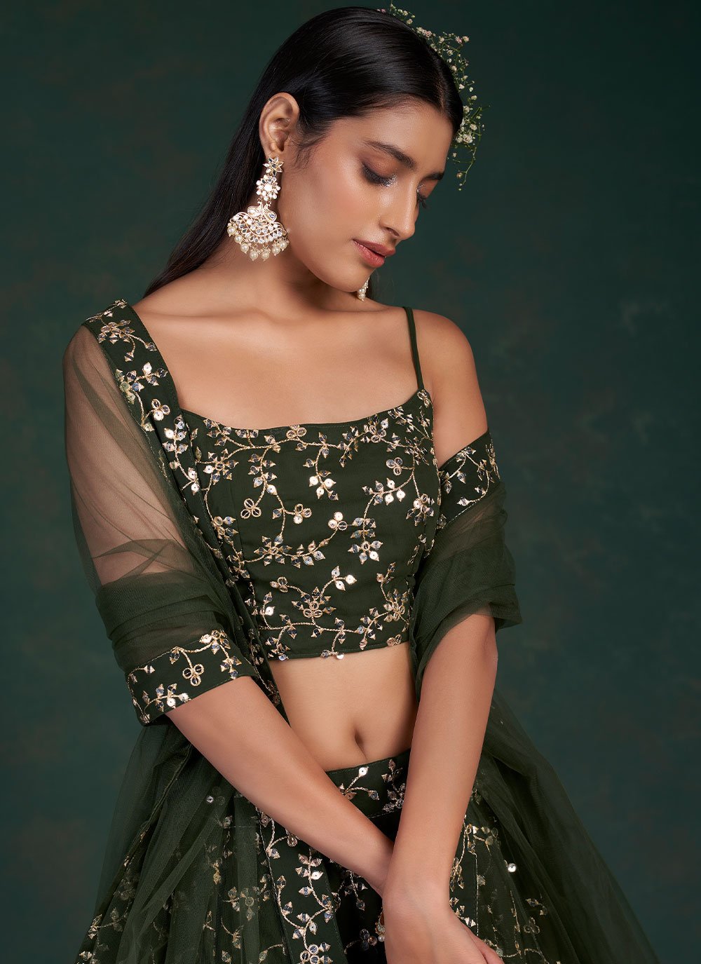 Lehenga Choli Georgette Green Sequins Lehenga Choli