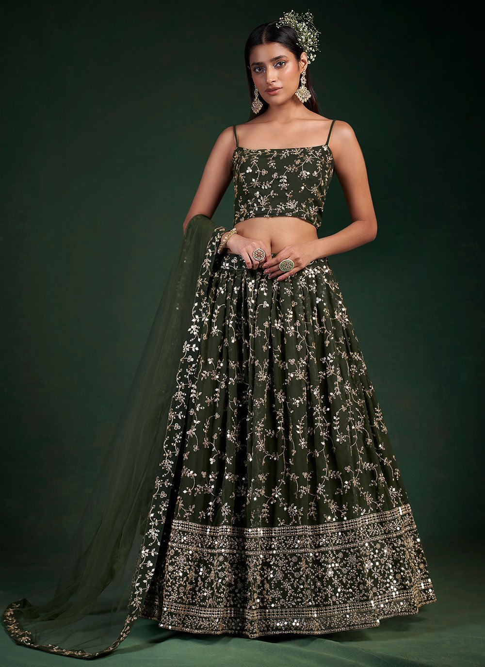 Lehenga Choli Georgette Green Sequins Lehenga Choli