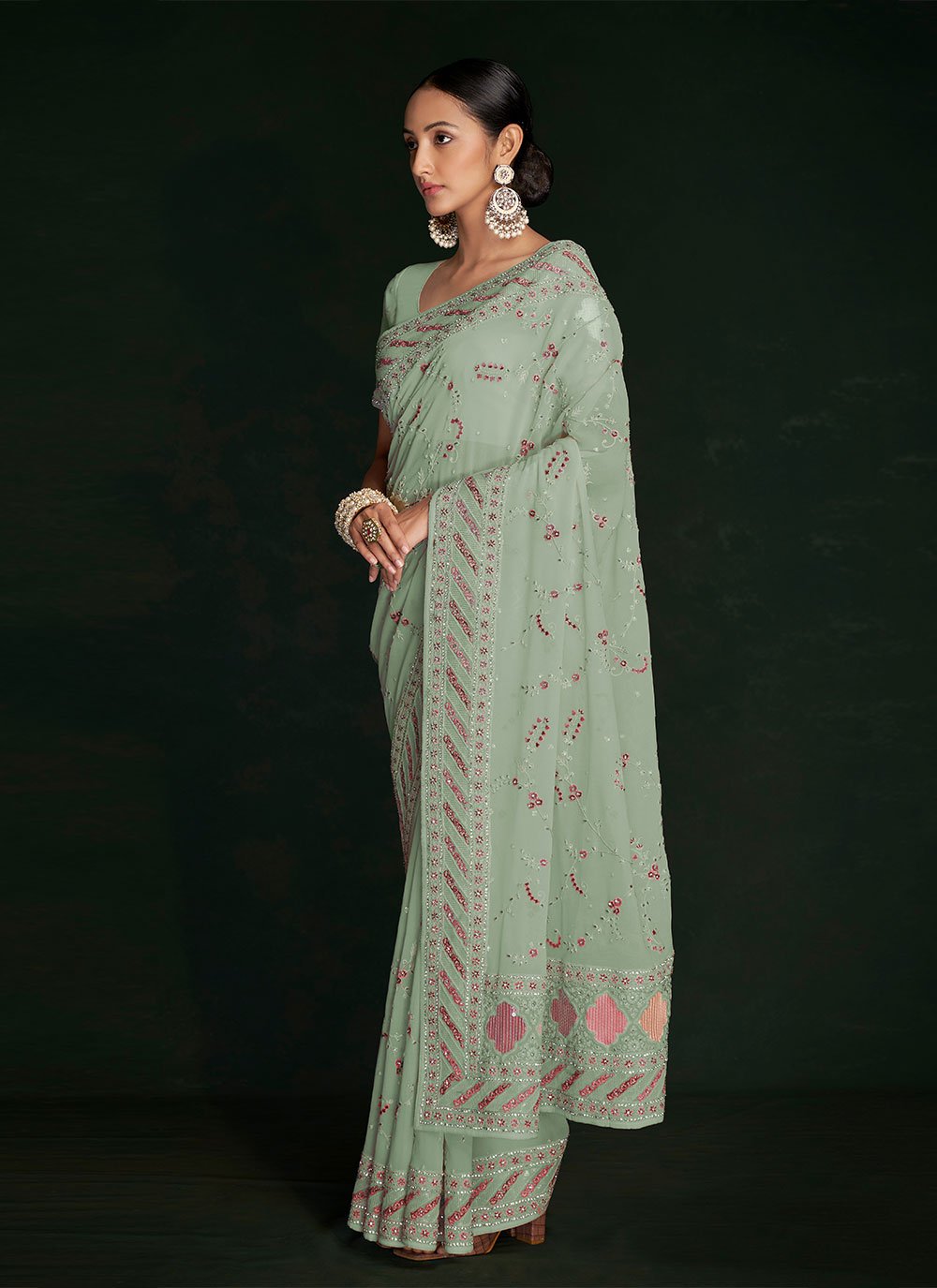 Trendy Saree Georgette Green Lucknowi Work Saree