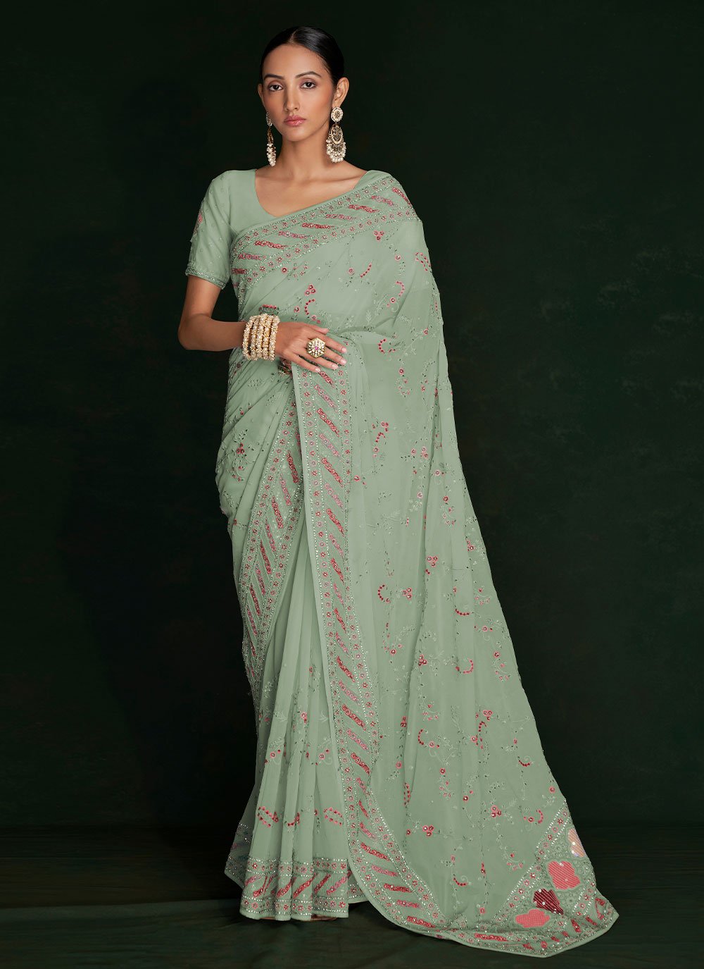 Trendy Saree Georgette Green Lucknowi Work Saree