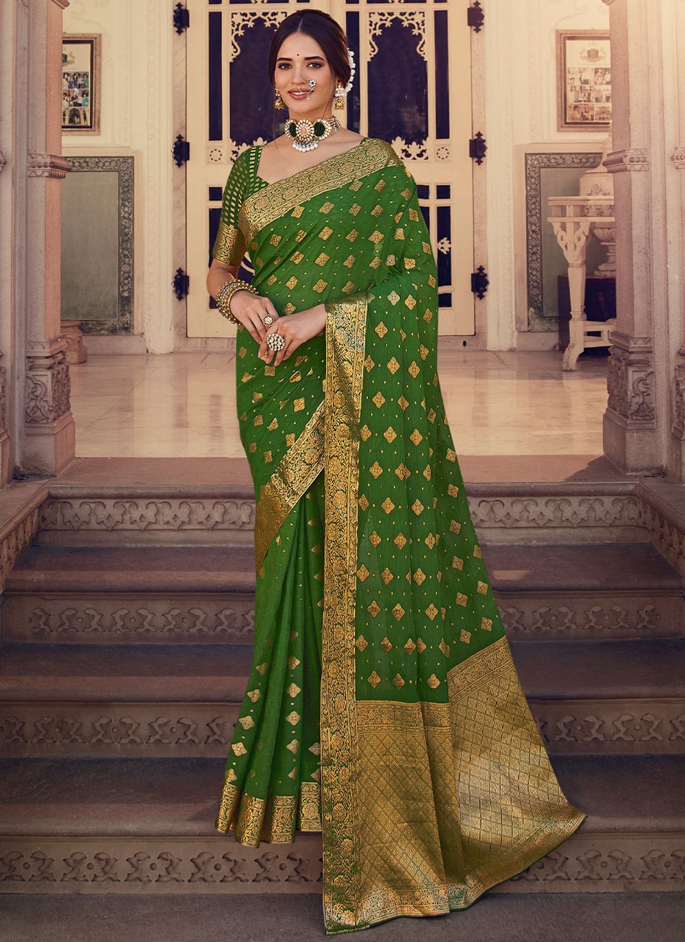 Trendy Saree Chiffon Silk Green Weaving Saree