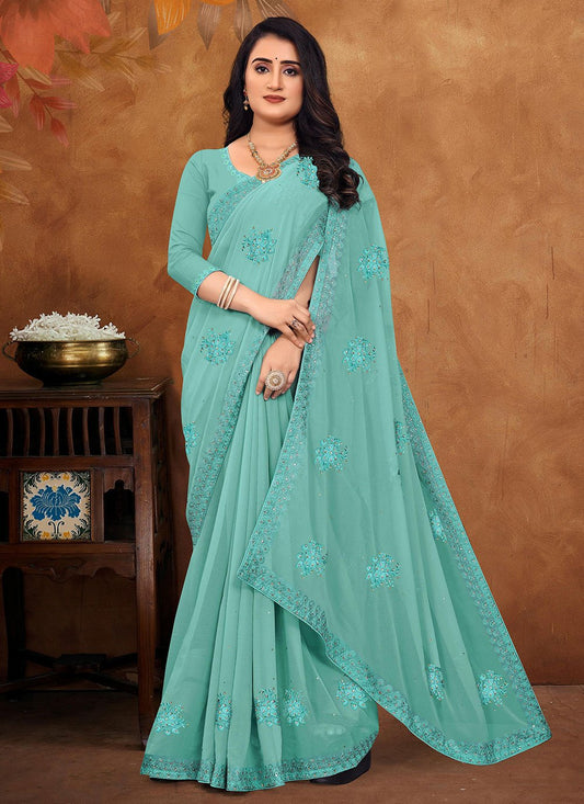 Classic Georgette Green Embroidered Saree