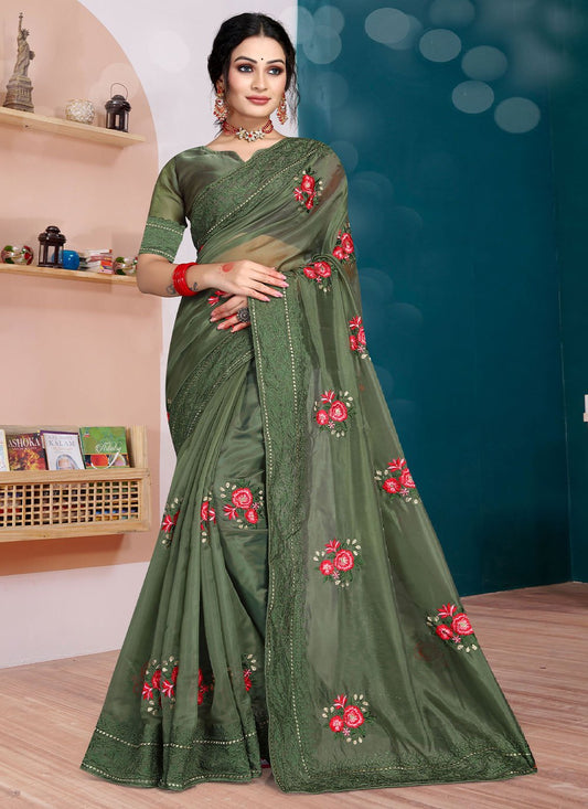 Classic Organza Silk Green Diamond Saree