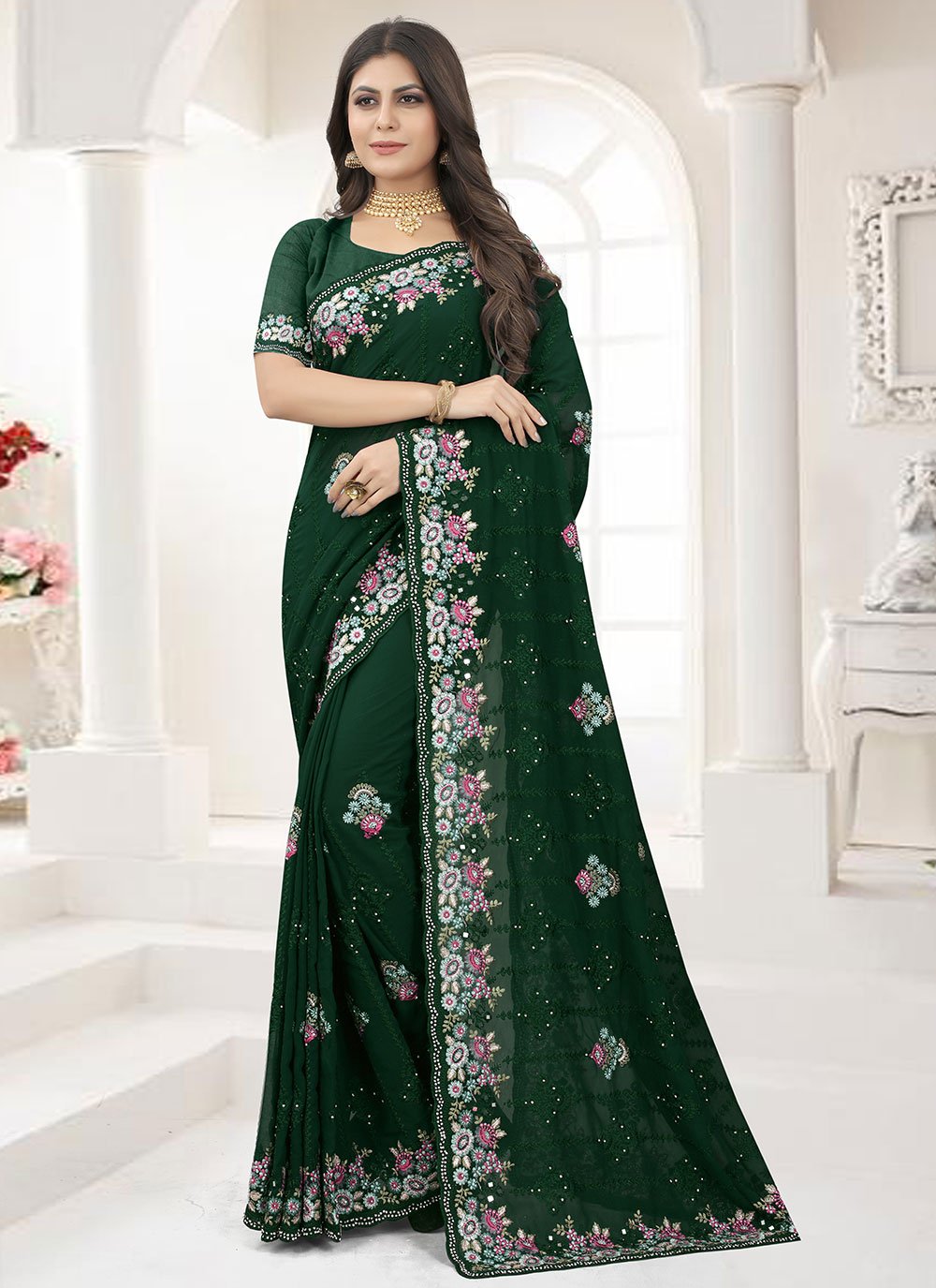 Classic Georgette Green Embroidered Saree